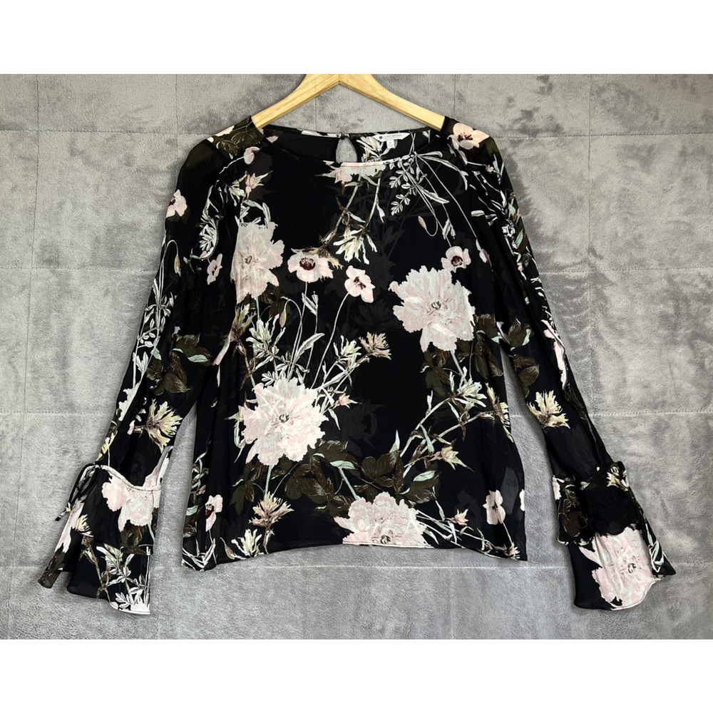 Lucky Brand Blouse Medium Dark Floral Black Pink Bell Sleeve Ruffle Whimsigoth